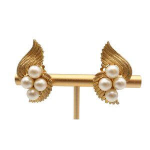 Vintage KRAMER Gold Tone Faux Pearl Wing Clip On Earrings 1.25" Signed